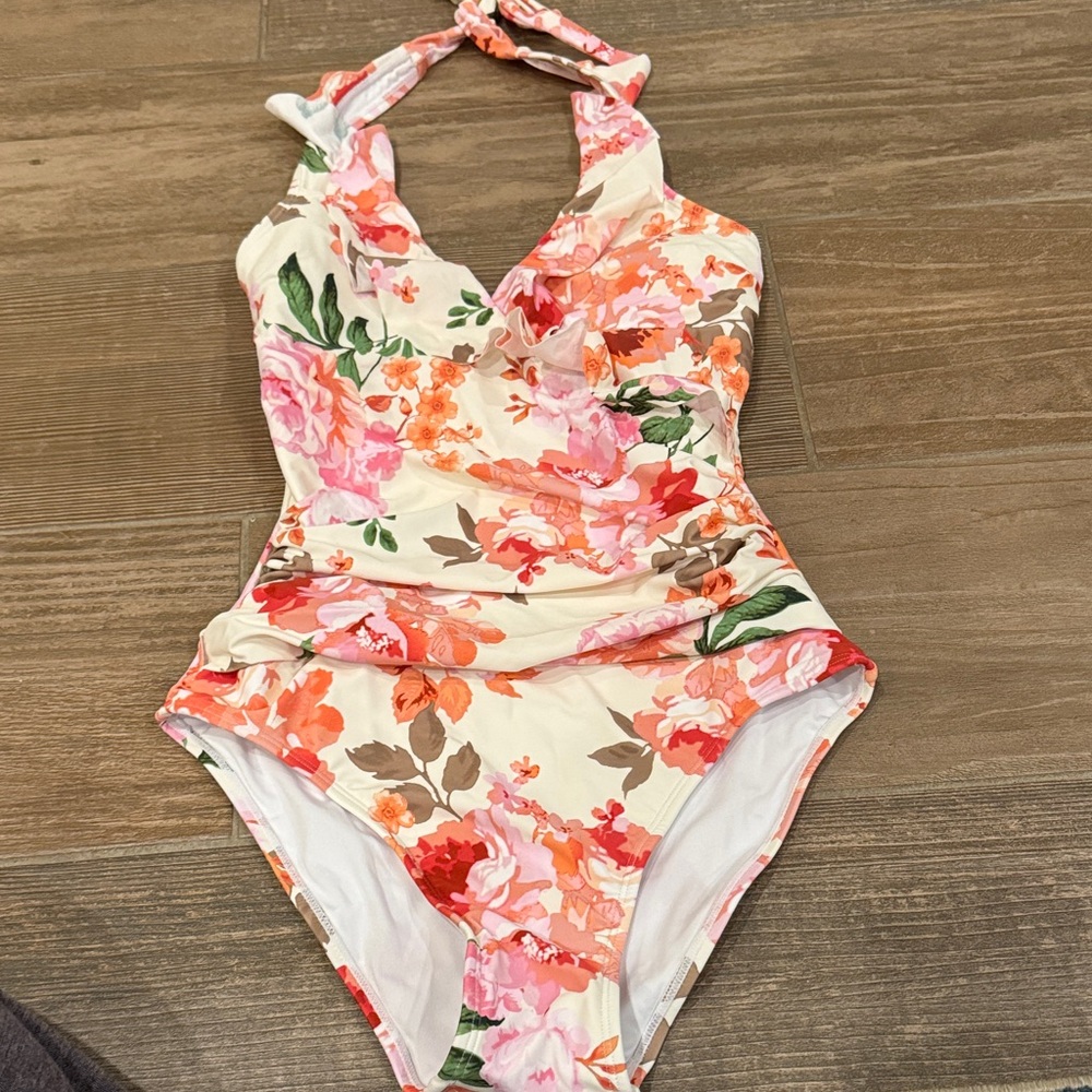 Floral Halter One-Piece Kids Swimsuit - Pink & Orange